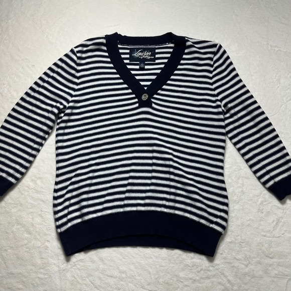 Vintage Lauren Ralph Lauren Striped V Neck Cotton Sweater Knit Top Women's Large - Picture 1 of 8
